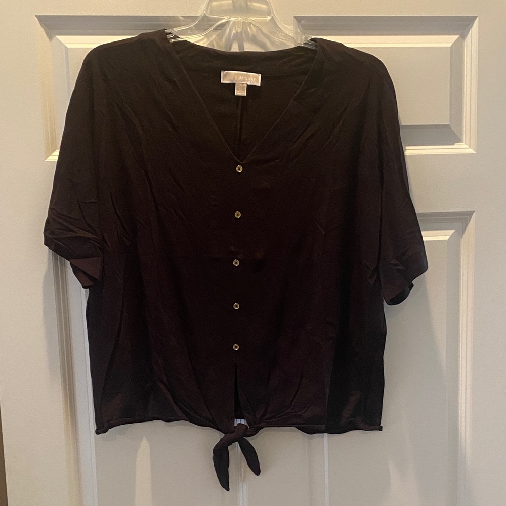 Michael Kors Black V-Neck Blouse with Tie Hem